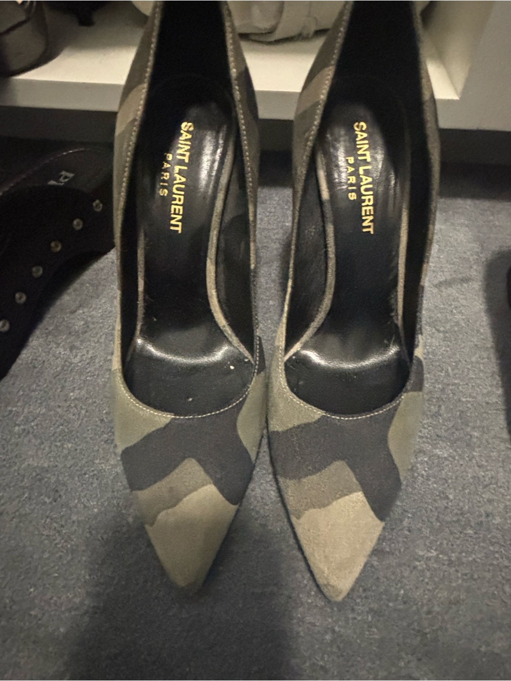 Saint Laurent Camo Pointed-Toe Pumps in Olive and Black